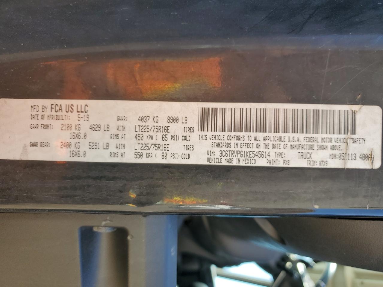 2019 Ram Promaster 2500 2500 High VIN: 3C6TRVPG1KE545614 Lot: 56520805