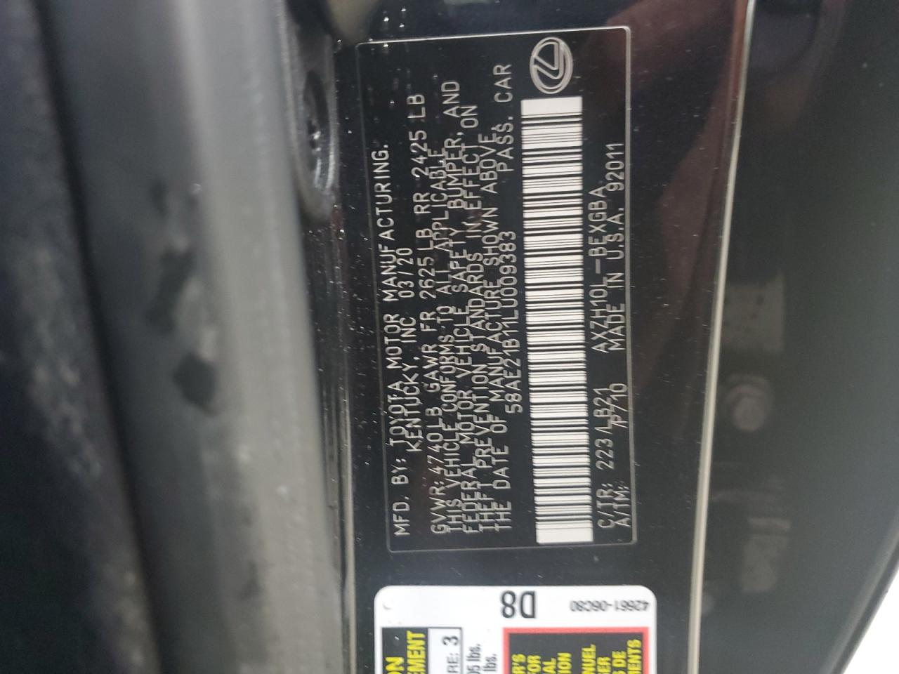 2020 Lexus Es 300H Luxury VIN: 58AE21B11LU009383 Lot: 56388655