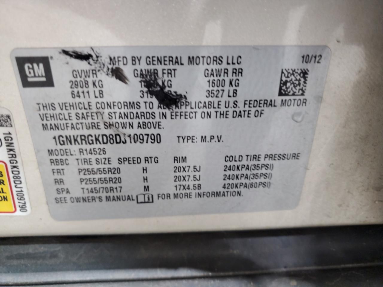 2013 Chevrolet Traverse Lt VIN: 1GNKRGKD8DJ109790 Lot: 54580995