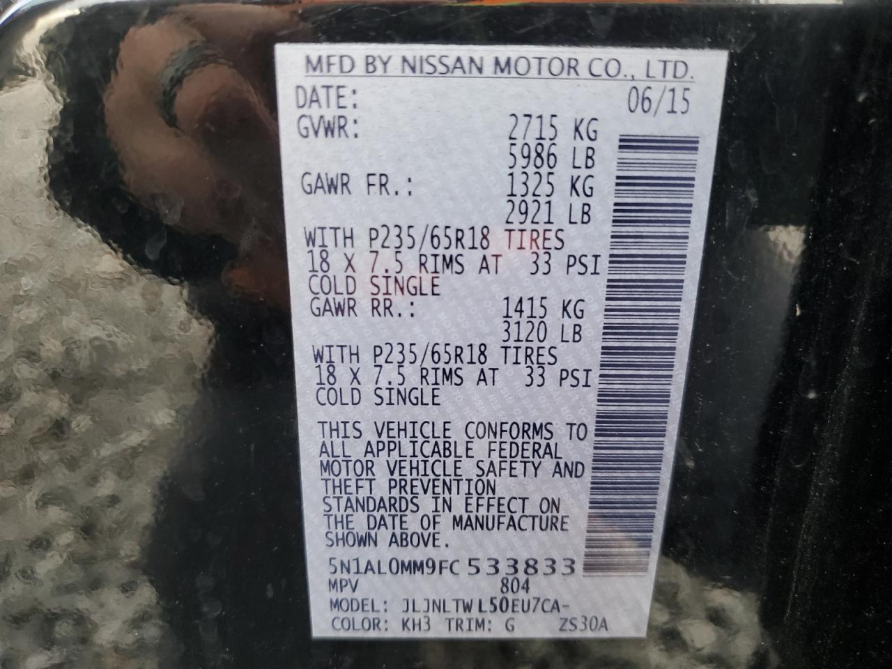 2015 Infiniti Qx60 VIN: 5N1AL0MM9FC533833 Lot: 56818725