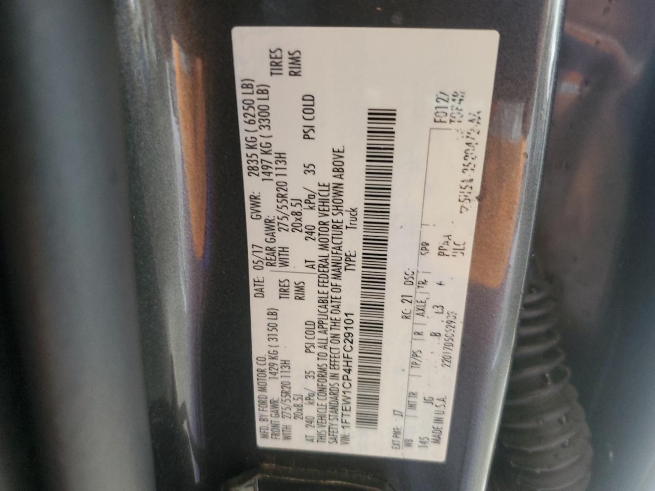 2017 Ford F150 Supercrew VIN: 1FTEW1CP4HFC29101 Lot: 56577255