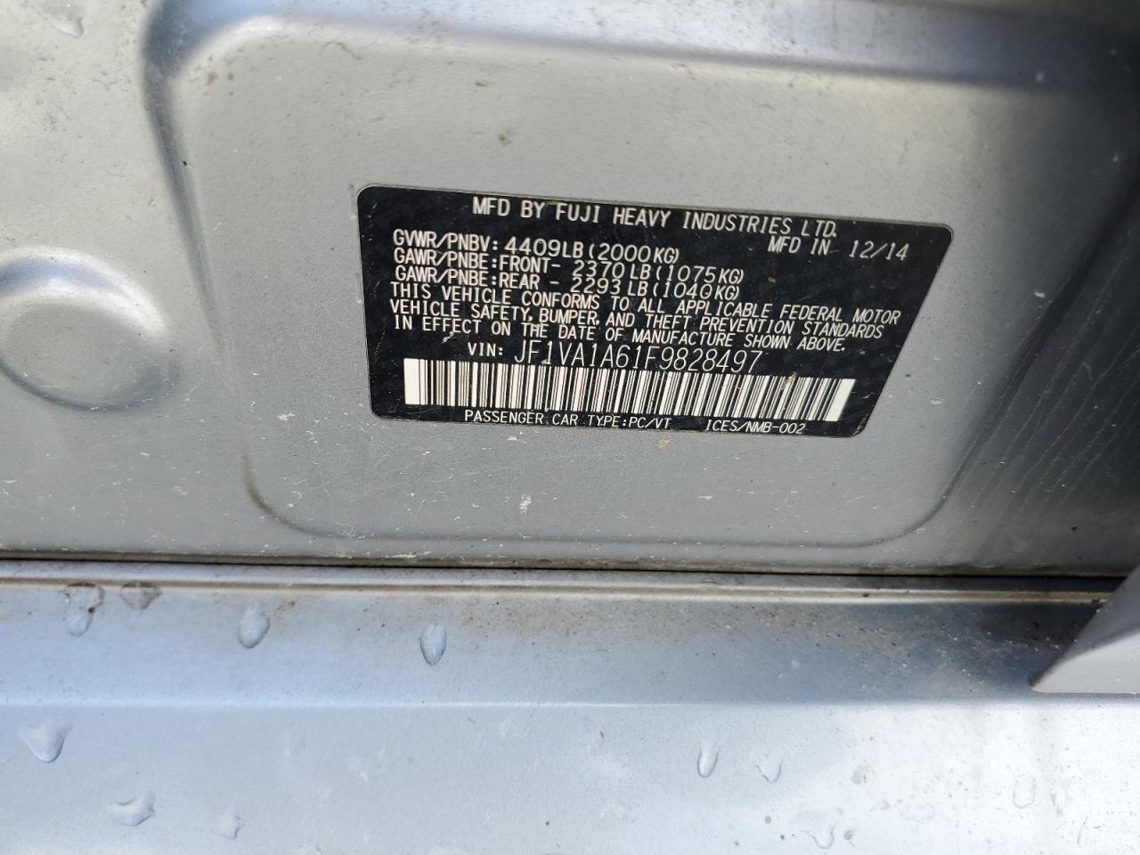 2015 Subaru Wrx VIN: JF1VA1A61F9828497 Lot: 56823675