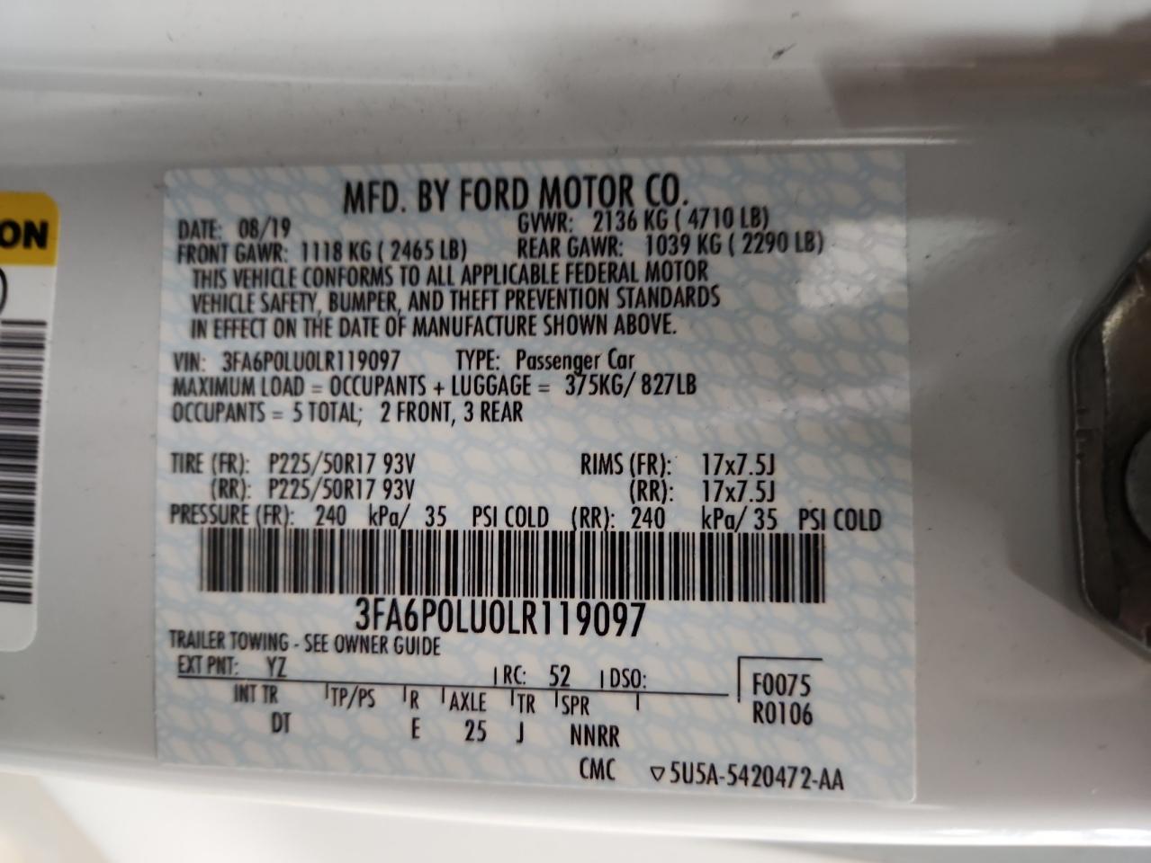 2020 Ford Fusion Se VIN: 3FA6P0LU0LR119097 Lot: 59000975