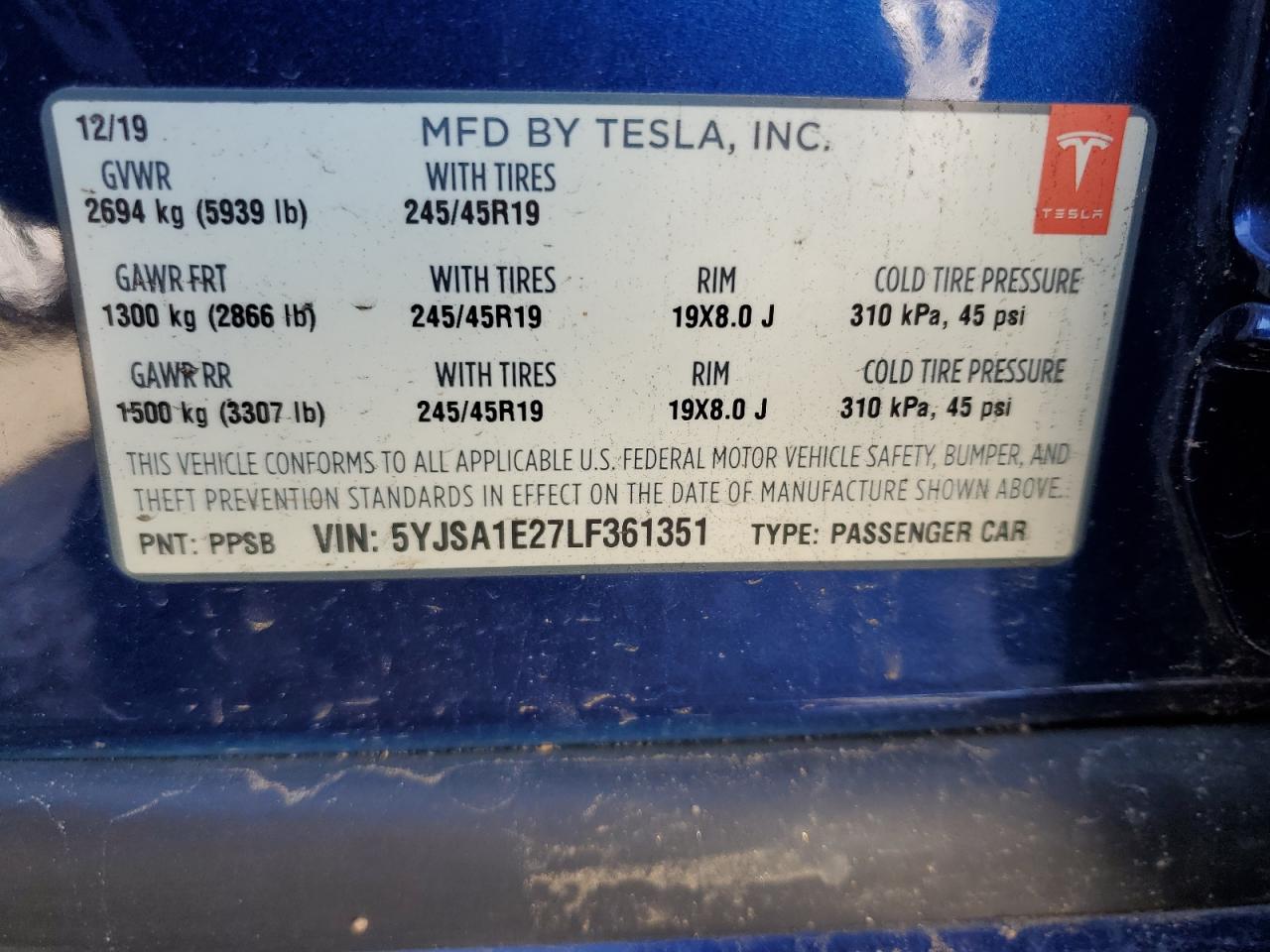2020 Tesla Model S VIN: 5YJSA1E27LF361351 Lot: 56239615
