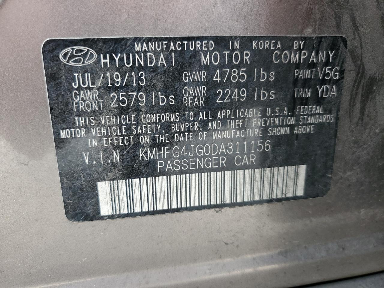 2013 Hyundai Azera VIN: KMHFG4JG0DA311156 Lot: 55773825
