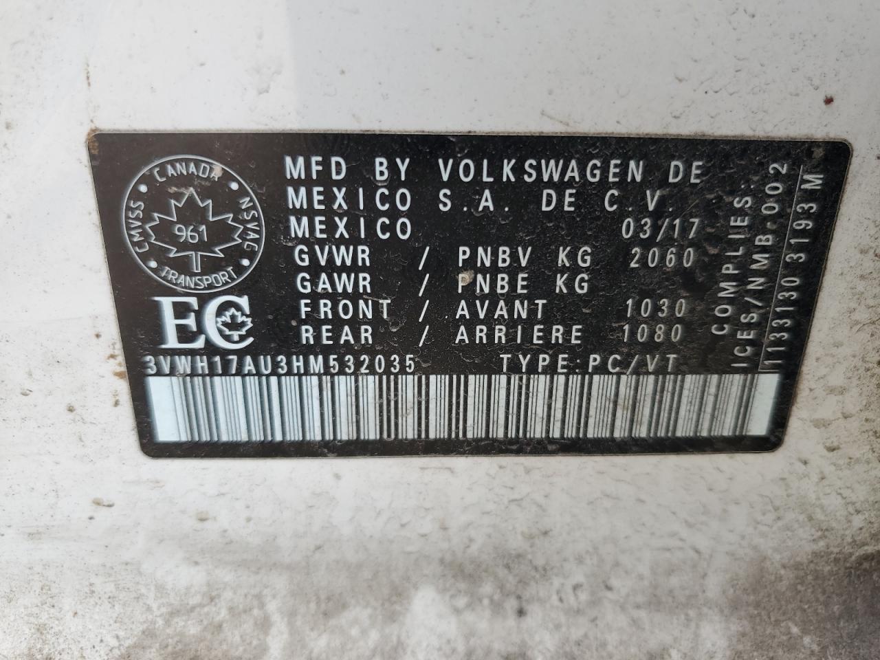 2017 Volkswagen Golf Alltrack S VIN: 3VWH17AU3HM532035 Lot: 56510785
