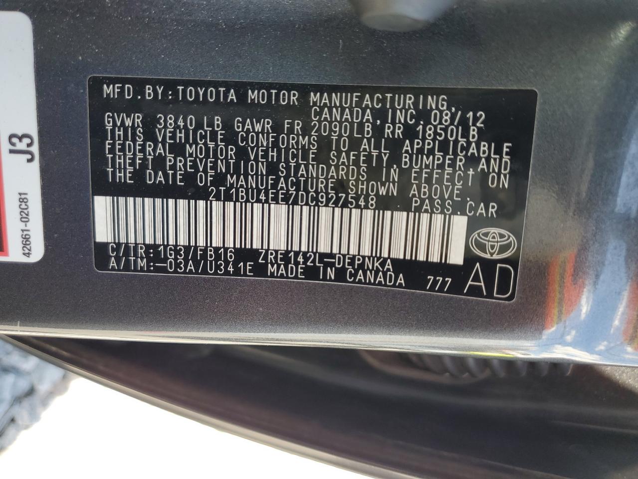 2013 Toyota Corolla Base VIN: 2T1BU4EE7DC927548 Lot: 56960495