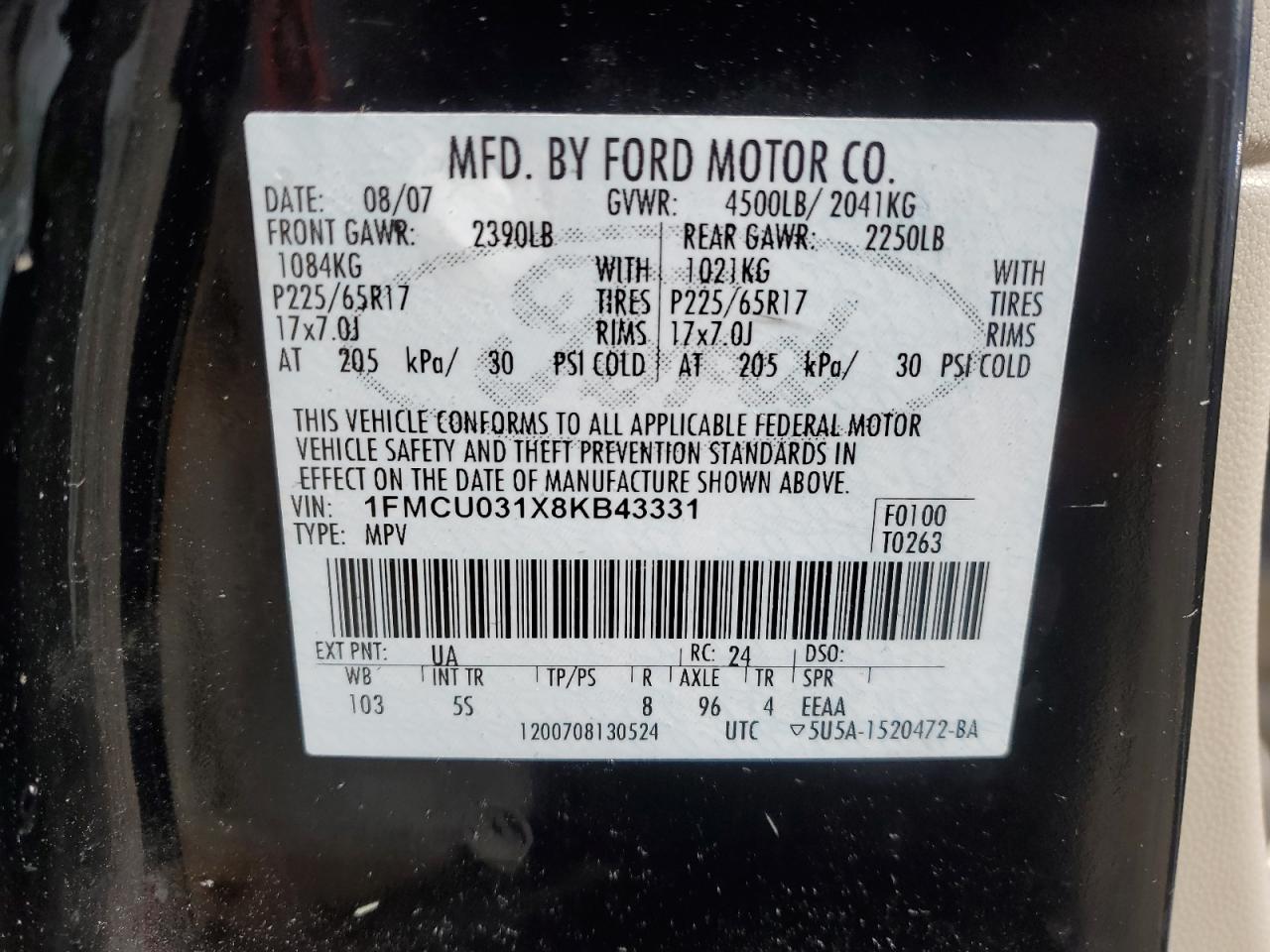 2008 Ford Escape Xlt VIN: 1FMCU031X8KB43331 Lot: 58225055