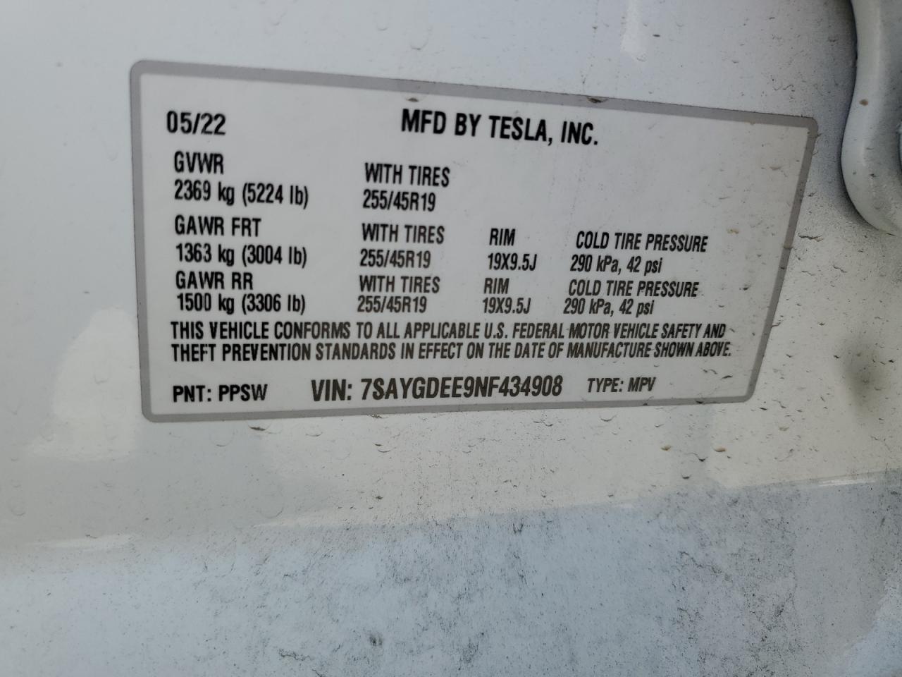2022 Tesla Model Y VIN: 7SAYGDEE9NF434908 Lot: 56733235