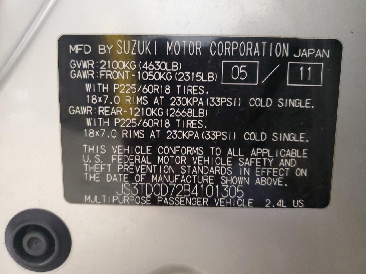 2011 Suzuki Grand Vitara Jlx VIN: JS3TD0D72B4101305 Lot: 55951855