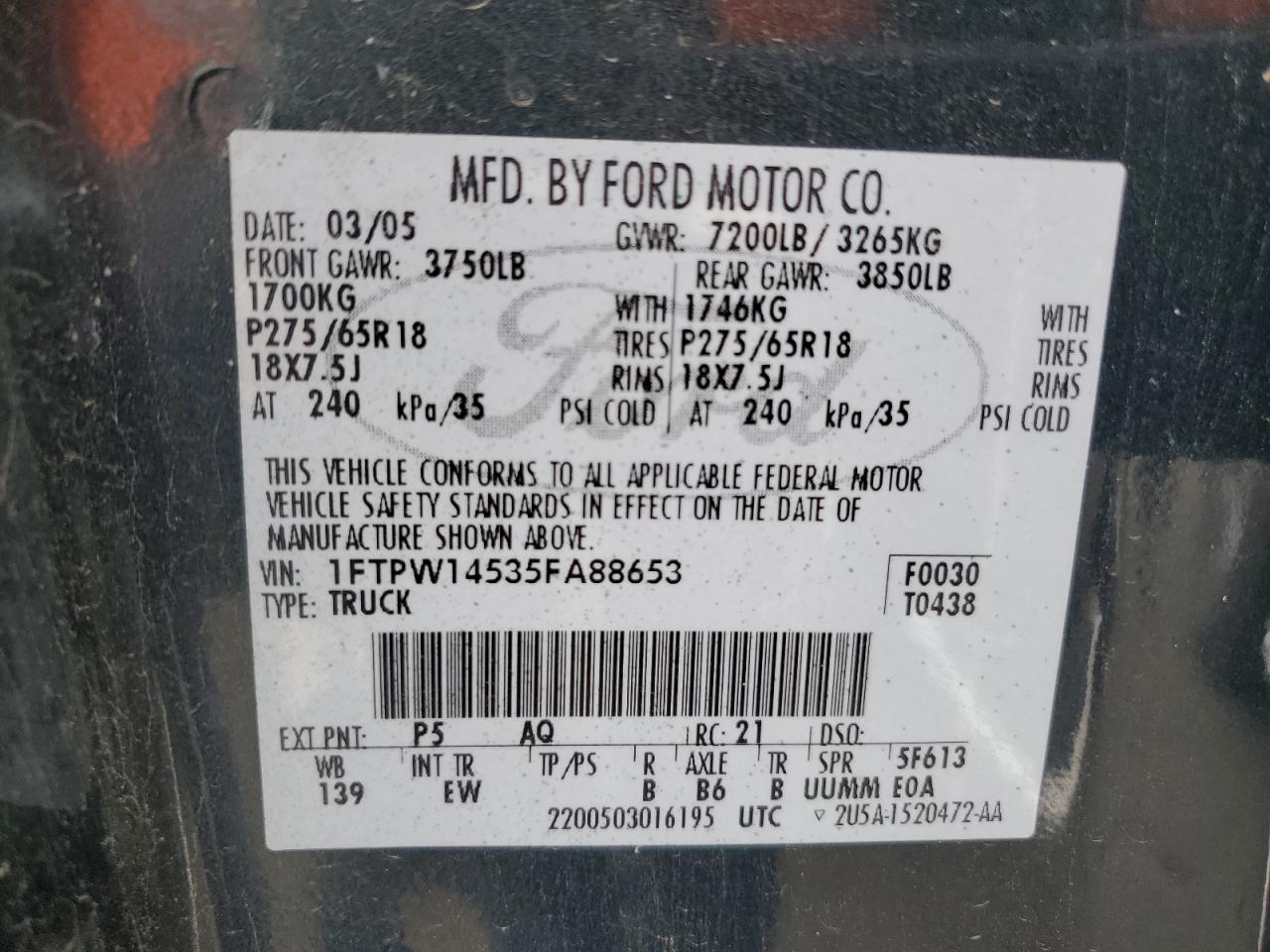 2005 Ford F150 Supercrew VIN: 1FTPW14535FA88653 Lot: 56501215