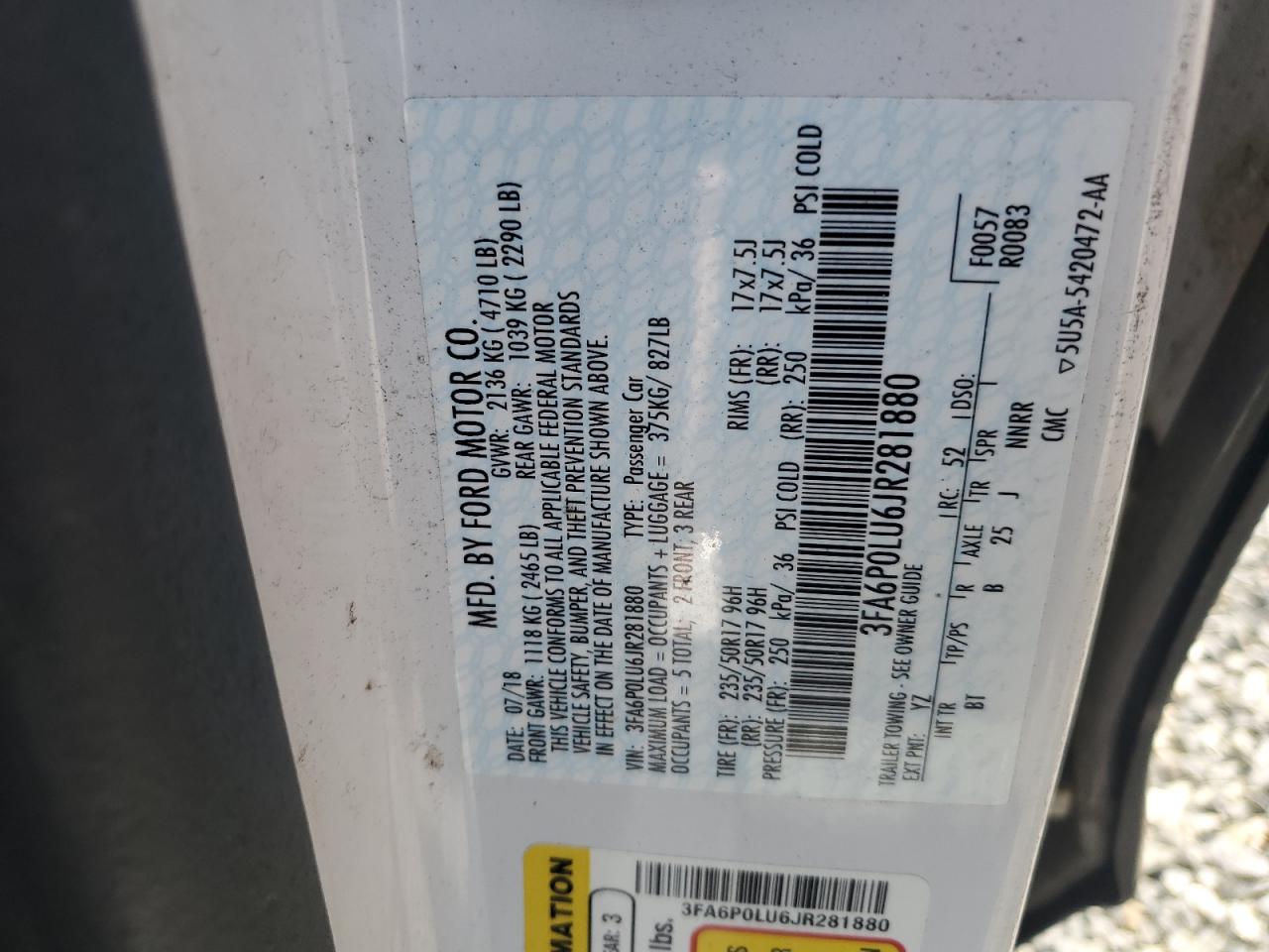 2018 Ford Fusion Se Hybrid VIN: 3FA6P0LU6JR281880 Lot: 55084855