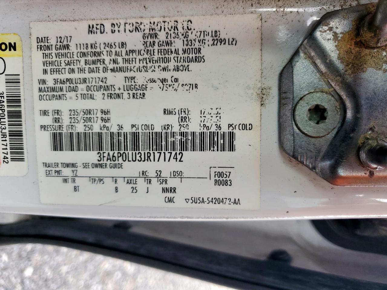 2018 Ford Fusion Se Hybrid VIN: 3FA6P0LU3JR171742 Lot: 54037965