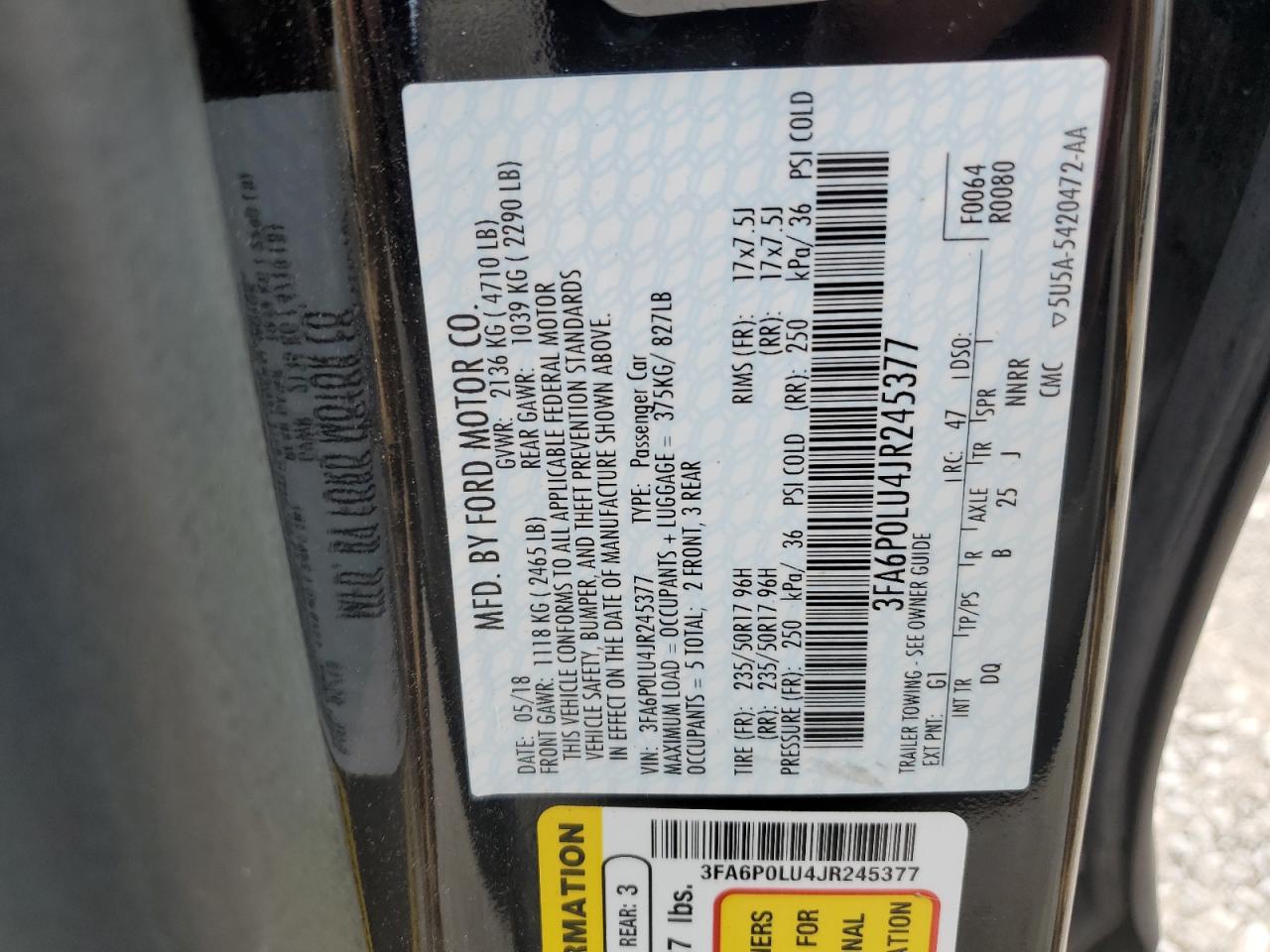 2018 Ford Fusion Se Hybrid VIN: 3FA6P0LU4JR245377 Lot: 56675125