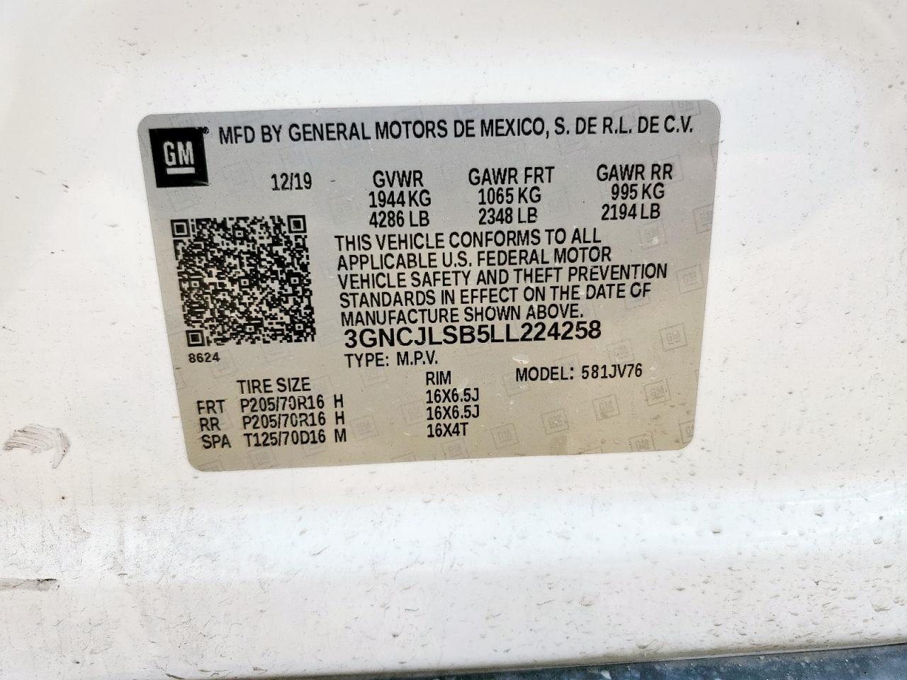 2020 Chevrolet Trax 1Lt VIN: 3GNCJLSB5LL224258 Lot: 58664515
