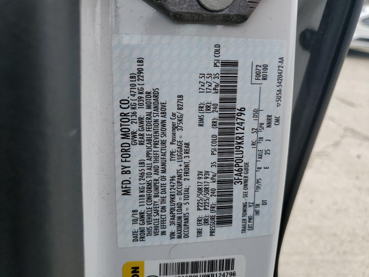 2019 Ford Fusion Se VIN: 3FA6P0LU9KR124796 Lot: 55085145