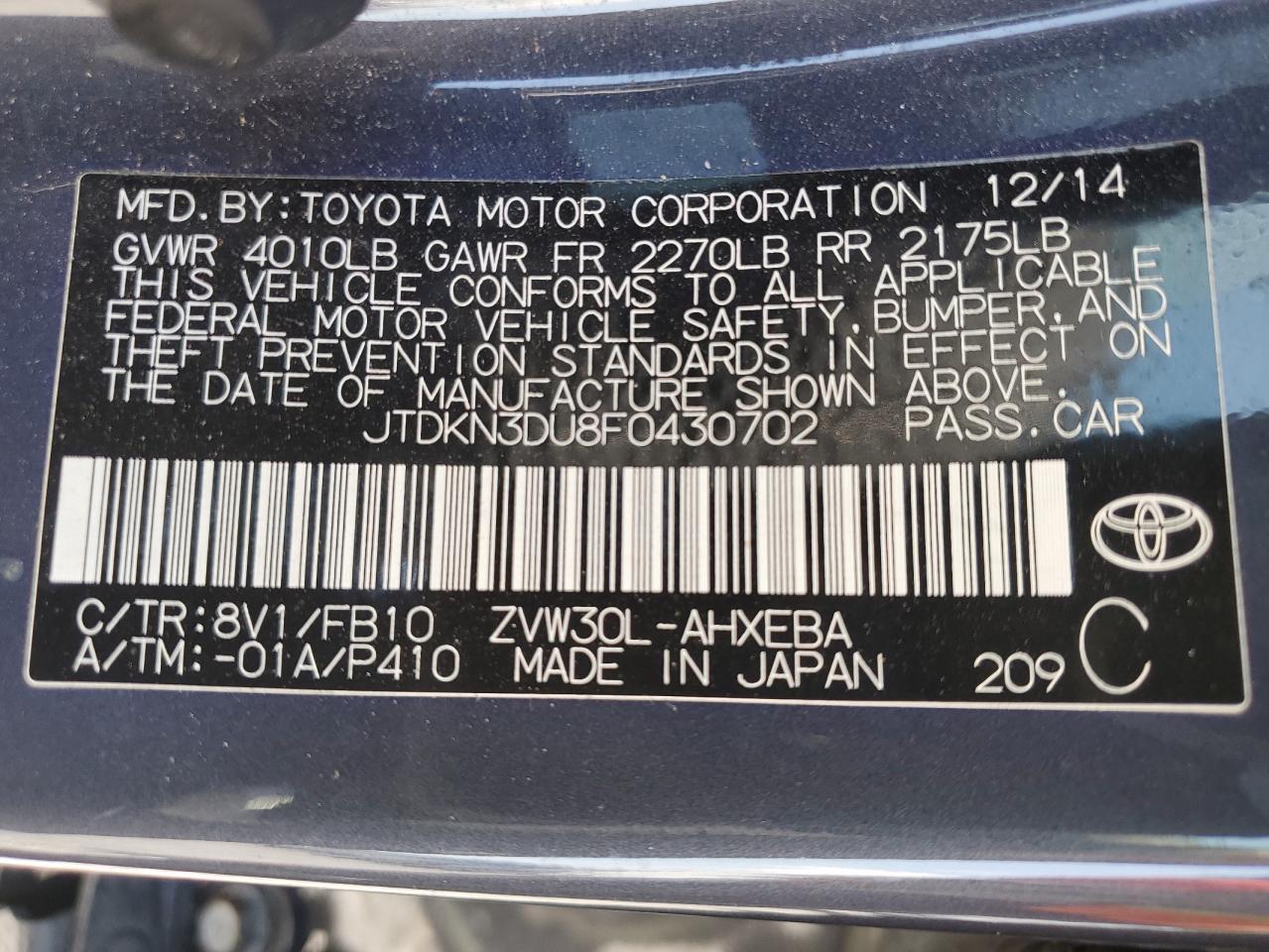 2015 Toyota Prius VIN: JTDKN3DU8F0430702 Lot: 56943775