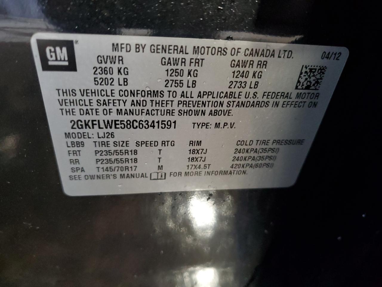 2012 GMC Terrain Slt VIN: 2GKFLWE58C6341591 Lot: 56633855