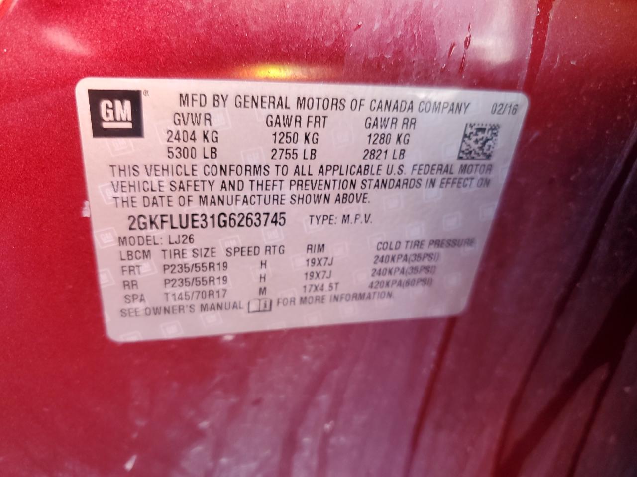 2016 GMC Terrain Slt VIN: 2GKFLUE31G6263745 Lot: 57479285