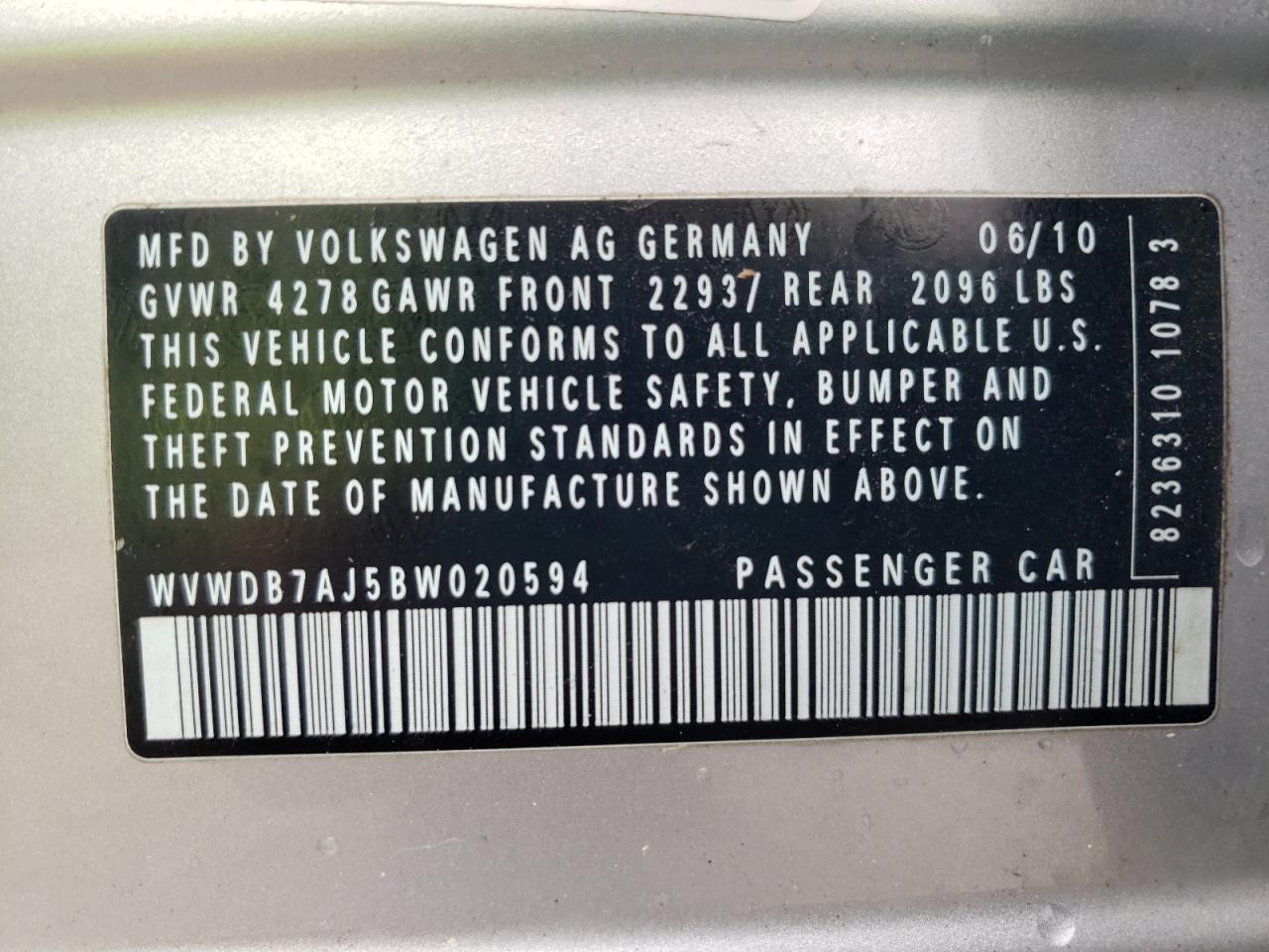 2011 Volkswagen Golf VIN: WVWDB7AJ5BW020594 Lot: 55395445