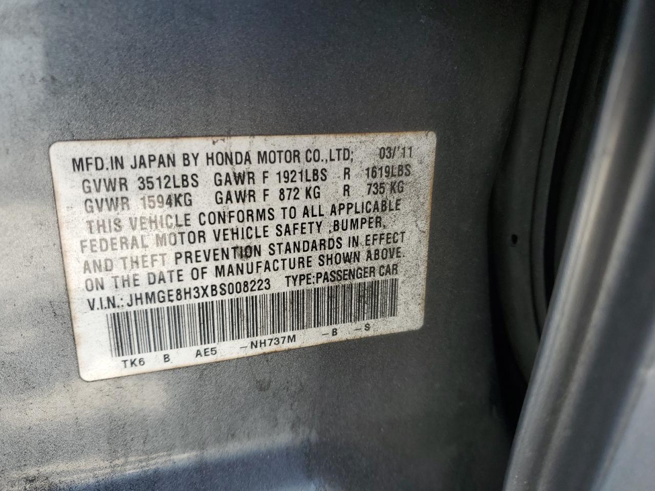 2011 Honda Fit VIN: JHMGE8H3XBS008223 Lot: 57413535