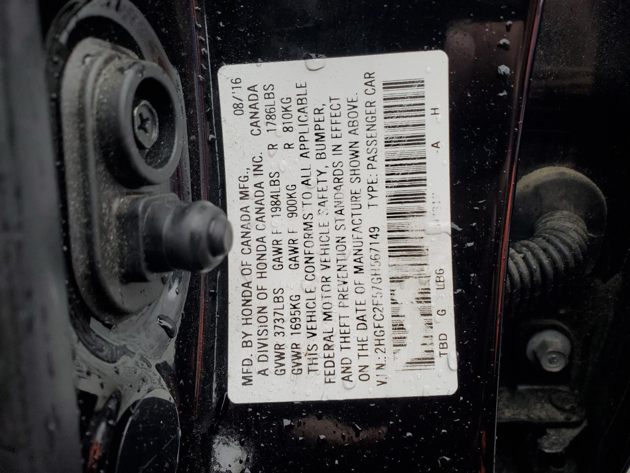 2016 Honda Civic Lx VIN: 2HGFC2F57GH567149 Lot: 58470945