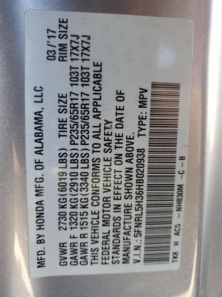 2017 Honda Odyssey Se VIN: 5FNRL5H36HB020938 Lot: 56994615