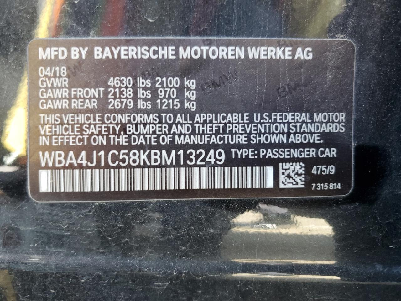 2019 BMW 430I Gran Coupe VIN: WBA4J1C58KBM13249 Lot: 57025855