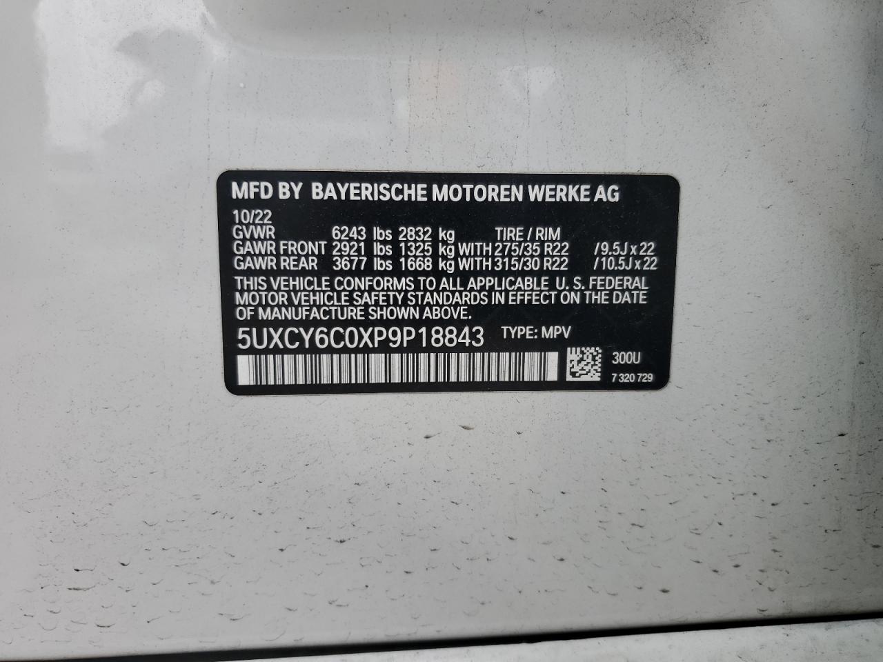 2023 BMW X6 xDrive40I VIN: 5UXCY6C0XP9P18843 Lot: 57995865