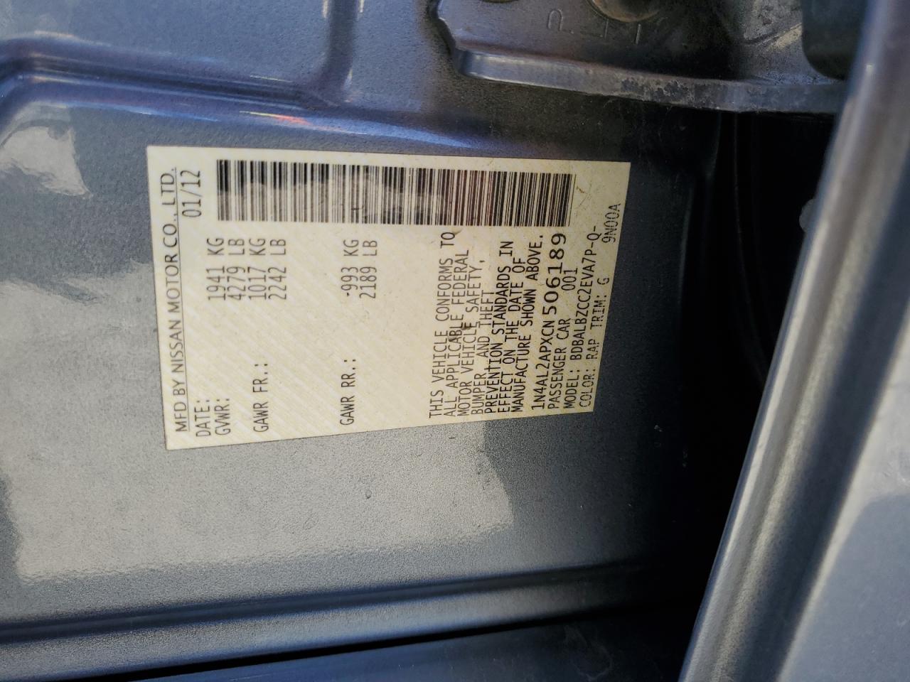 2012 Nissan Altima Base VIN: 1N4AL2APXCN506189 Lot: 57058175