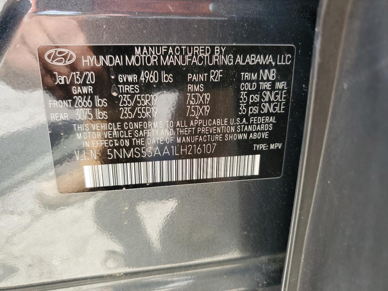 2020 Hyundai Santa Fe Limited VIN: 5NMS53AA1LH216107 Lot: 56628985