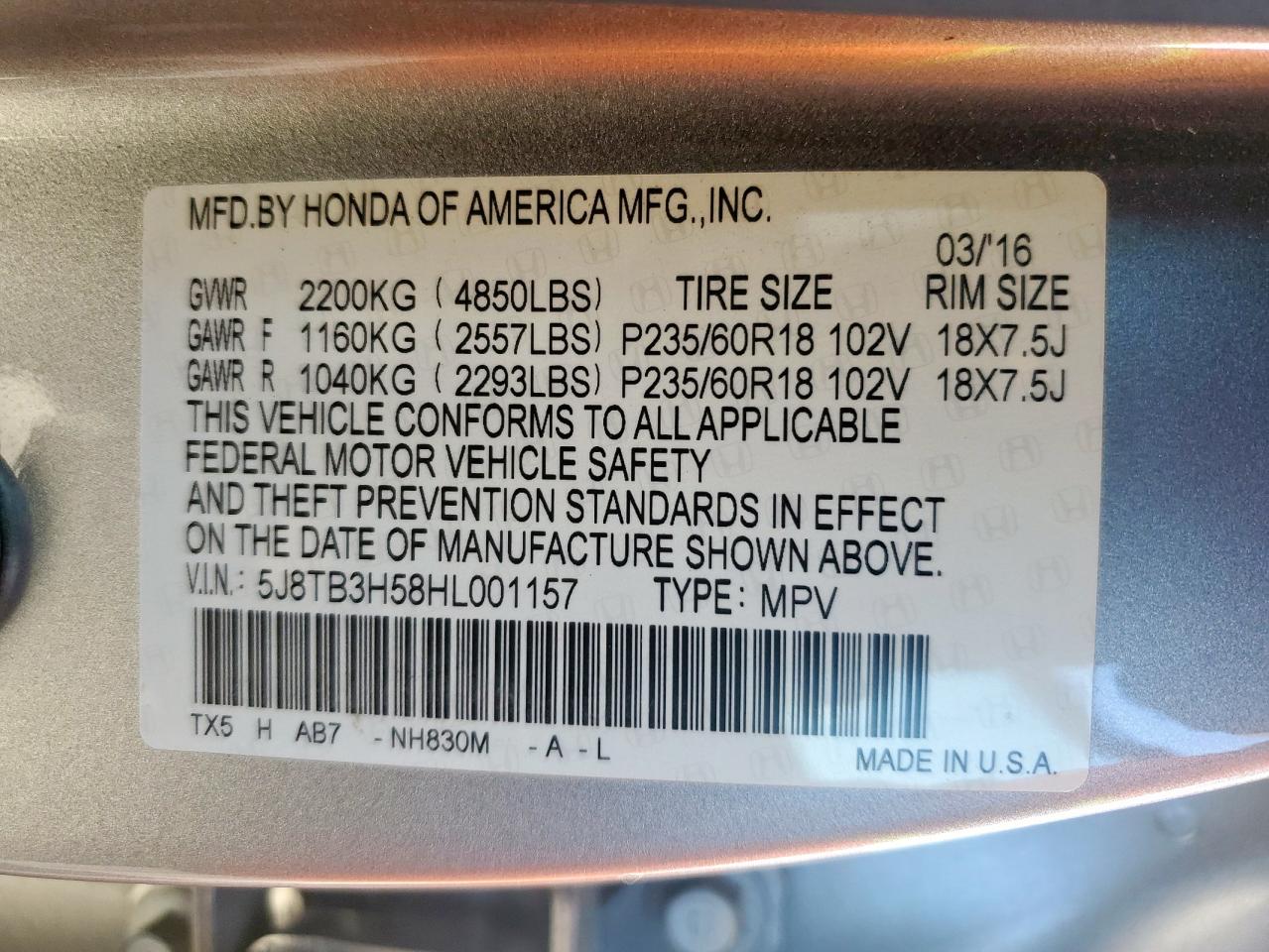 2017 Acura Rdx Technology VIN: 5J8TB3H58HL001157 Lot: 56850845