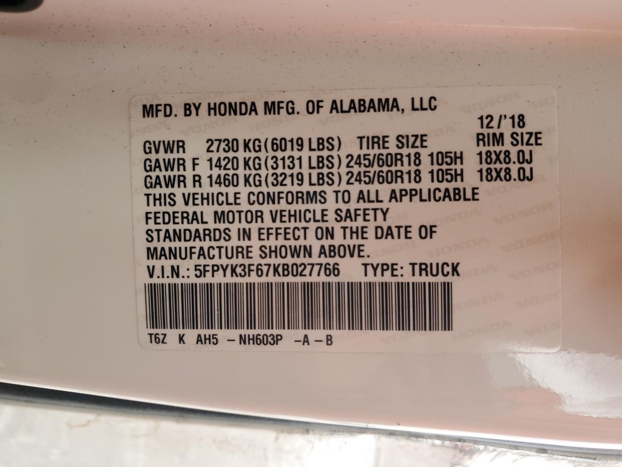 2019 Honda Ridgeline Rtl VIN: 5FPYK3F67KB027766 Lot: 56746515