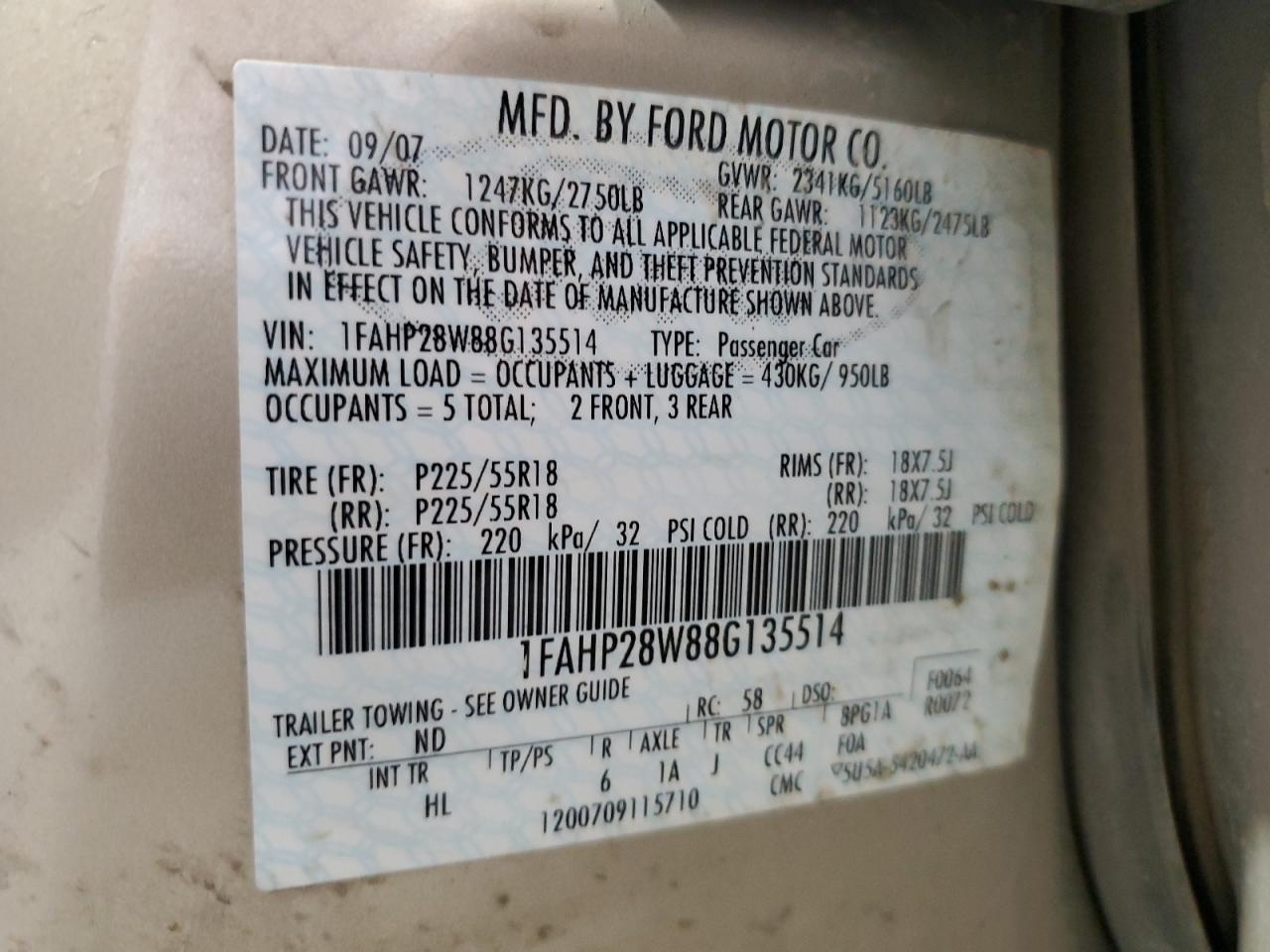 2008 Ford Taurus Limited VIN: 1FAHP28W88G135514 Lot: 55971835