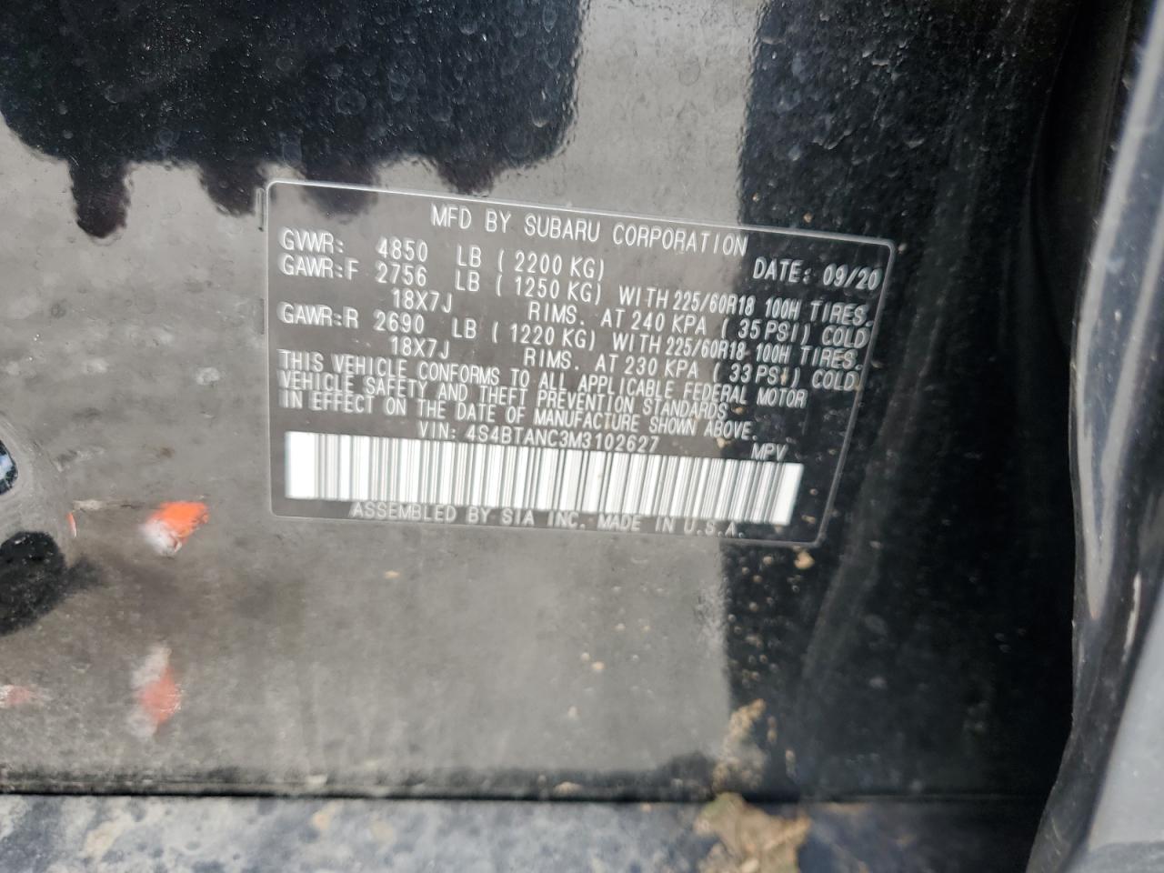 2021 Subaru Outback Limited VIN: 4S4BTANC3M3102627 Lot: 56920285