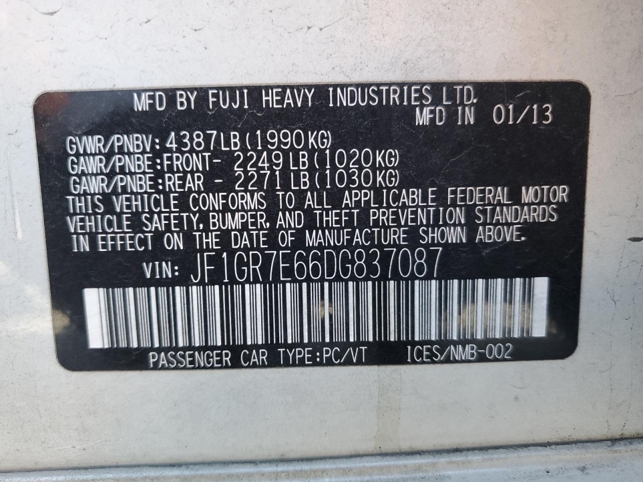 2013 Subaru Impreza Wrx VIN: JF1GR7E66DG837087 Lot: 56911605