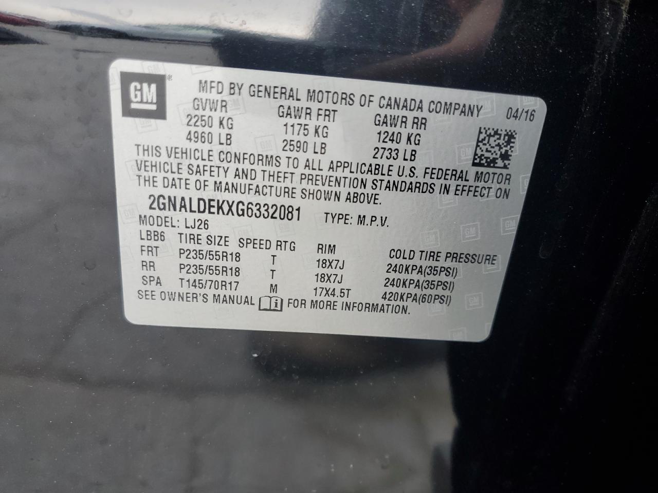 2016 Chevrolet Equinox Ltz VIN: 2GNALDEKXG6332081 Lot: 56972925