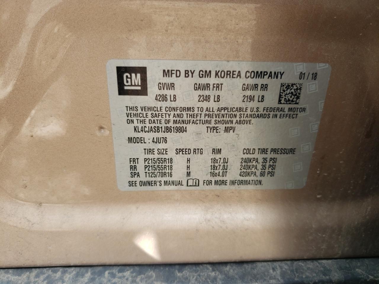 2018 Buick Encore Preferred VIN: KL4CJASB1JB619804 Lot: 55741035