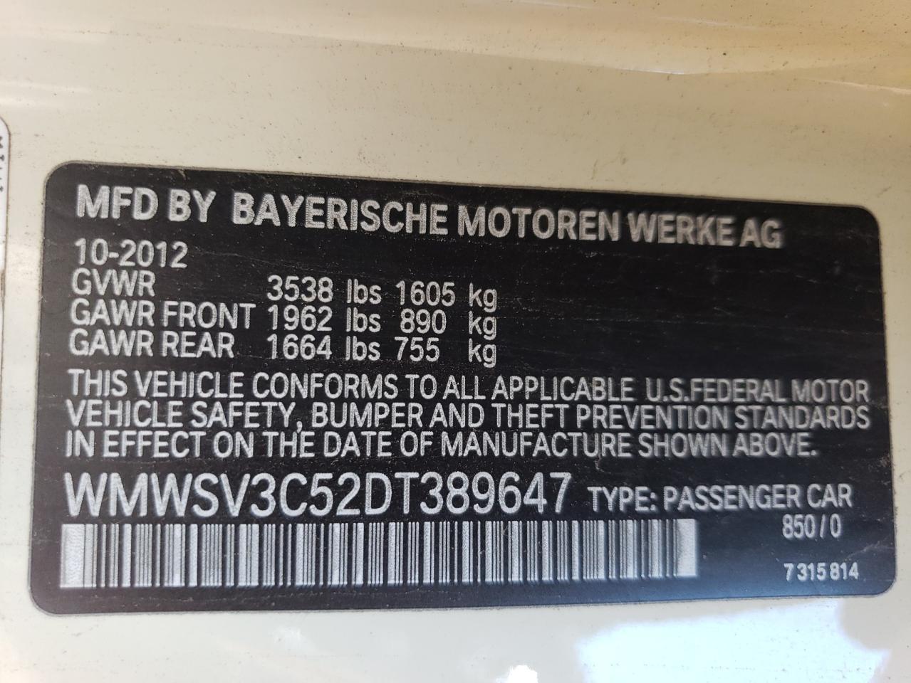 2013 Mini Cooper S VIN: WMWSV3C52DT389647 Lot: 56764135
