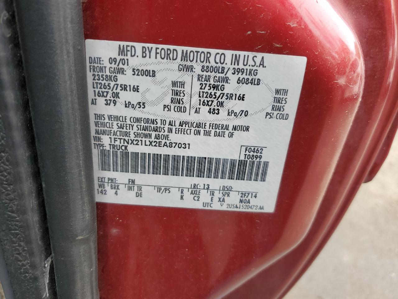 2002 Ford F250 Super Duty VIN: 1FTNX21LX2EA87031 Lot: 57559135