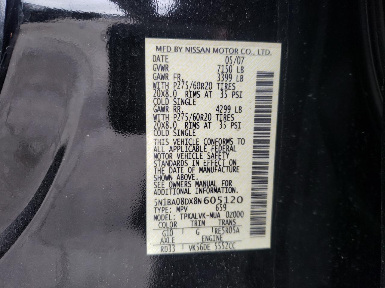 2008 Nissan Armada Se VIN: 5N1BA08DX8N605120 Lot: 56760665