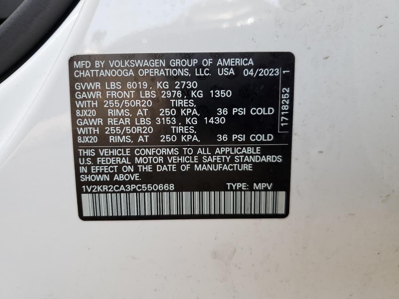 2023 Volkswagen Atlas Se VIN: 1V2KR2CA3PC550668 Lot: 56052145