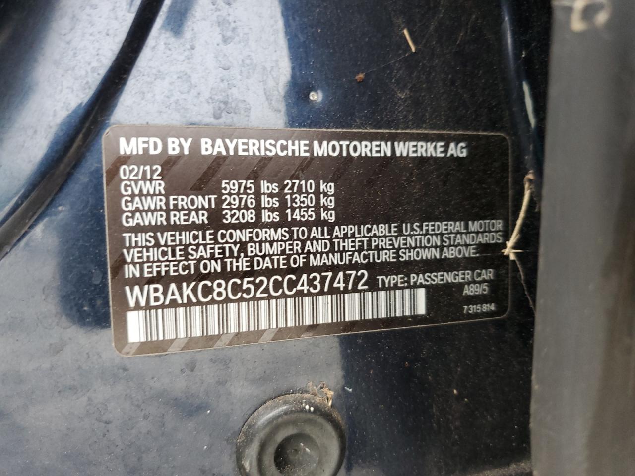 2012 BMW 750 Lxi VIN: WBAKC8C52CC437472 Lot: 58599105