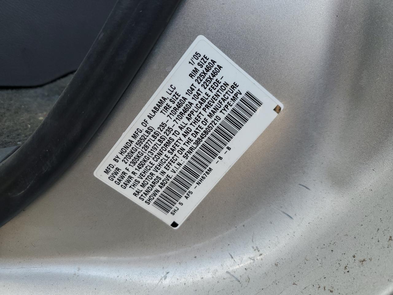 2005 Honda Odyssey Touring VIN: 5FNRL38845B057210 Lot: 58419745