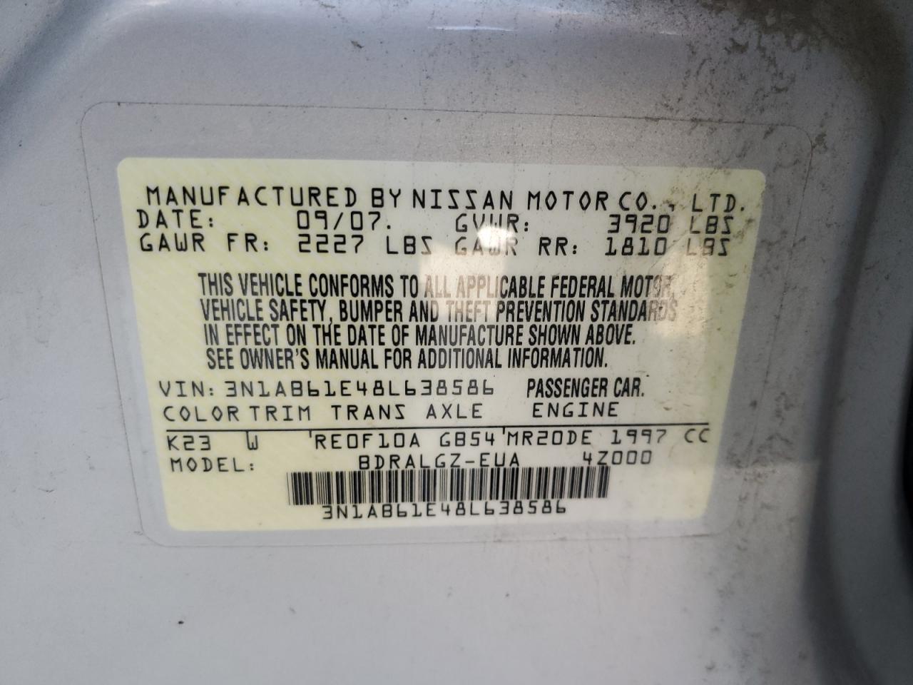 2008 Nissan Sentra 2.0 VIN: 3N1AB61E48L638586 Lot: 93655845