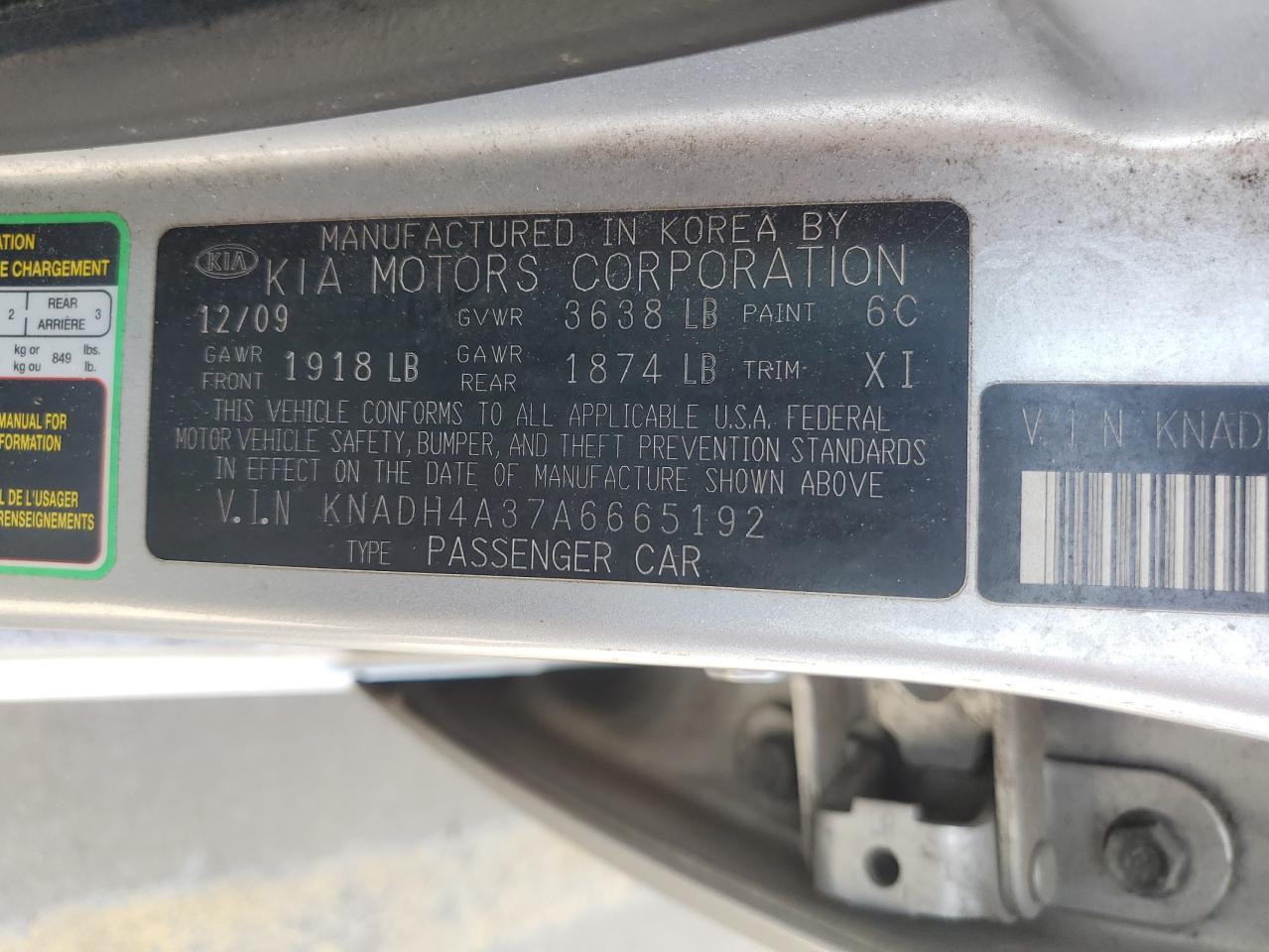 2010 Kia Rio Lx VIN: KNADH4A37A6665192 Lot: 57310135
