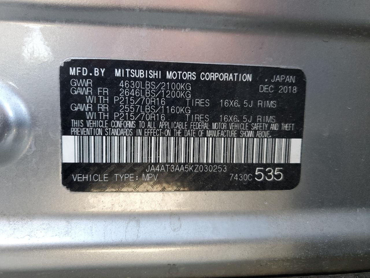 2019 Mitsubishi Eclipse Cross Es VIN: JA4AT3AA5KZ030253 Lot: 56925305