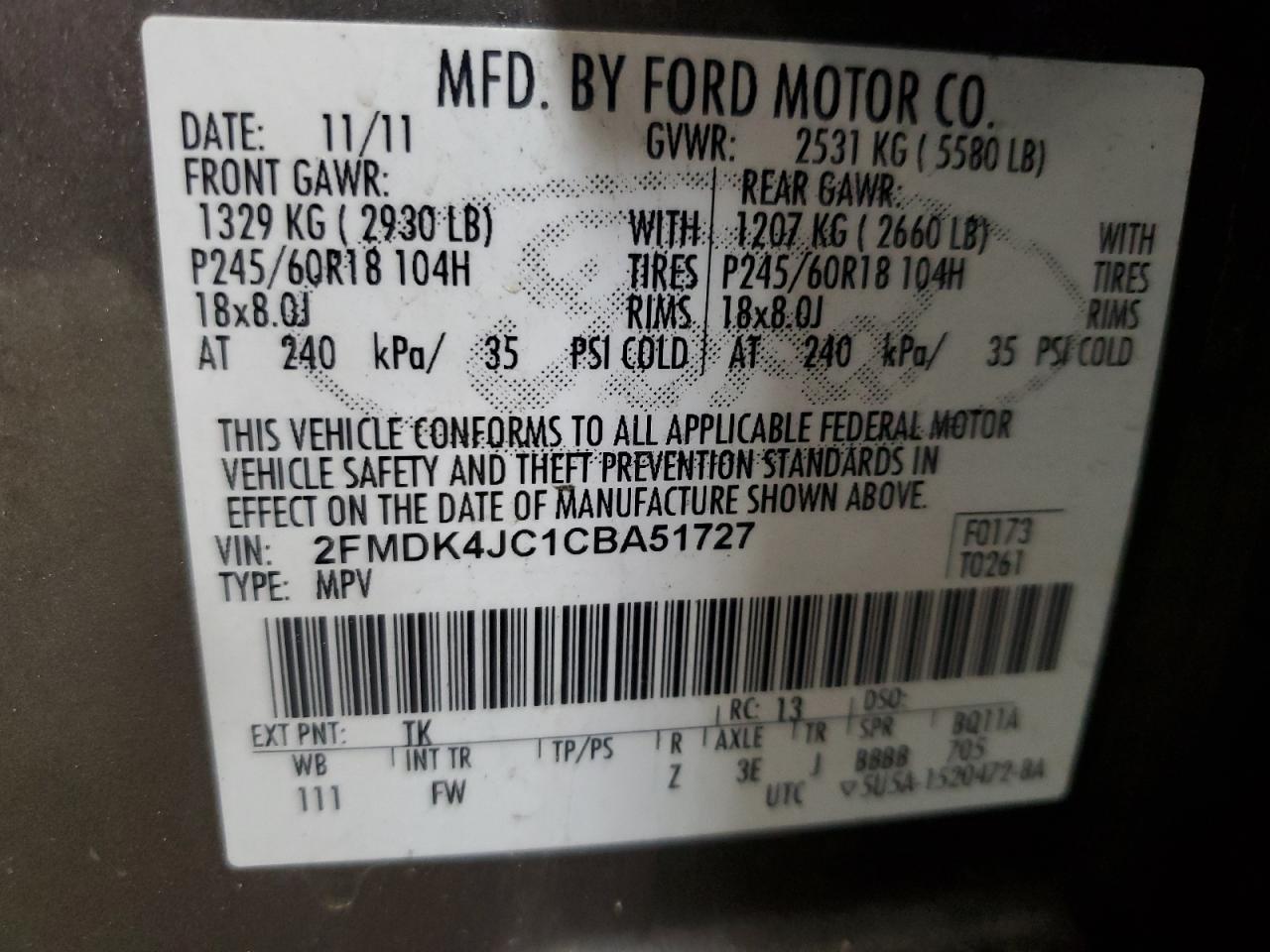 2012 Ford Edge Sel VIN: 2FMDK4JC1CBA51727 Lot: 57035875