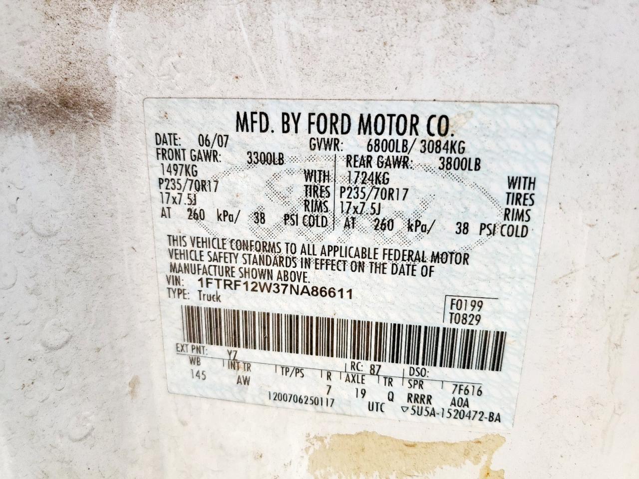 2007 Ford F150 VIN: 1FTRF12W37NA86611 Lot: 58049085