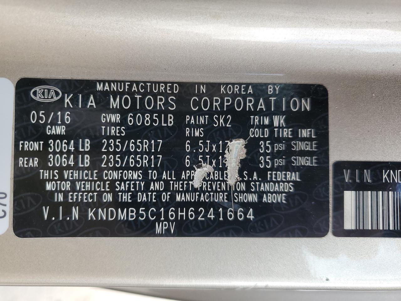 2017 Kia Sedona Lx VIN: KNDMB5C16H6241664 Lot: 56478465